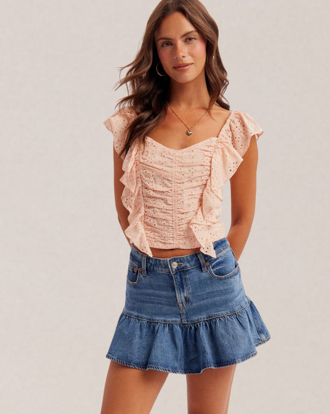 Eyelet Ruched Detail Ruffle Sleeveless Smock Back Sweatheart Crop Top
