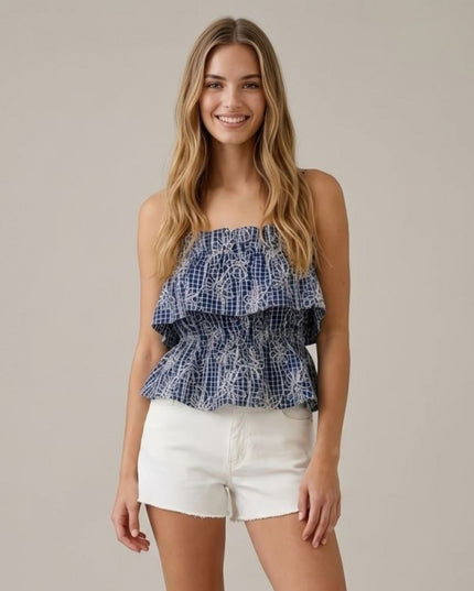 Floral Embroidered Plaid Ruffle Spaghetti Strap Crop Top