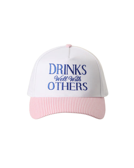 Drink Well With Others Embroidered Seersucker Striped Brim Trucker Hat