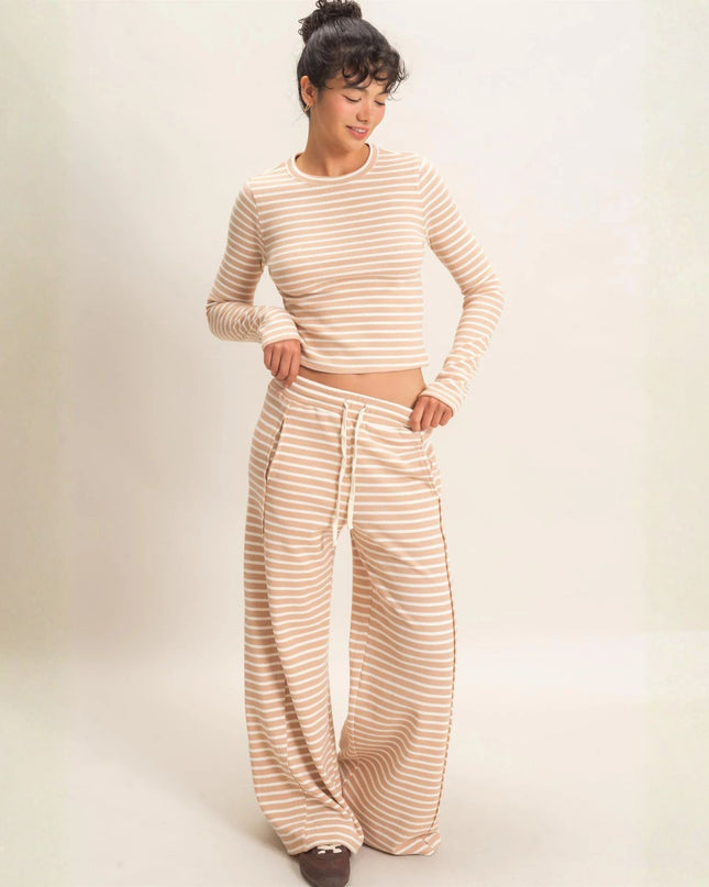 Wide Leg Striped Ribbed Elastic Drawstring Waist Pants