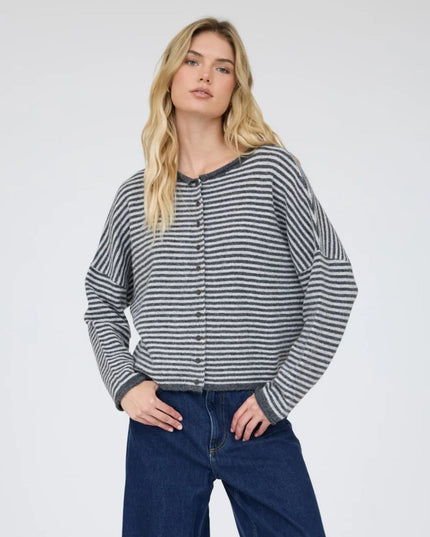 Striped Raw Edge Drop Shoulder Knit Cardigan Sweater