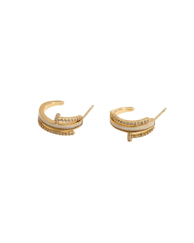 CZ Stone Paved Nail Head Mother of Pearl Inlay Mini Hoop Earrings
