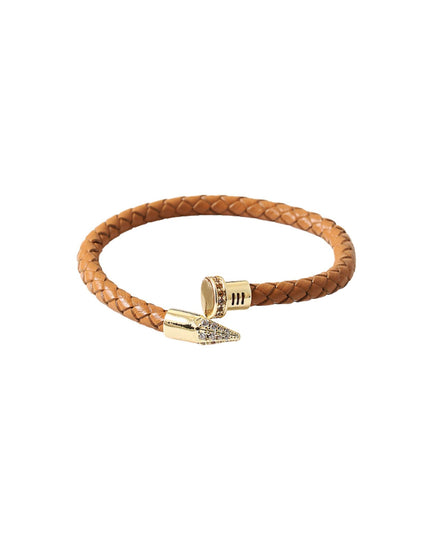 Gold CZ Nail Tip Braided Leather Bracelet