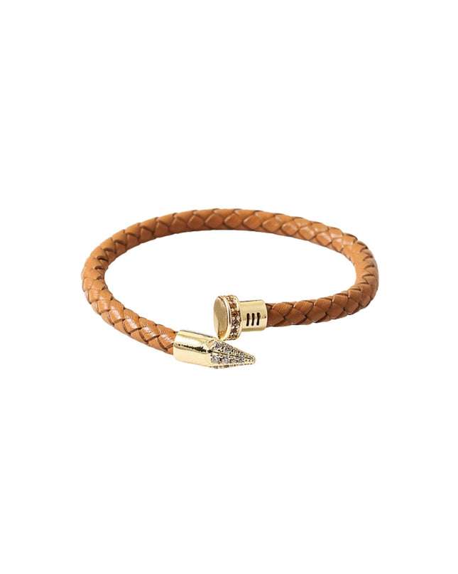 Gold CZ Nail Tip Braided Leather Bracelet
