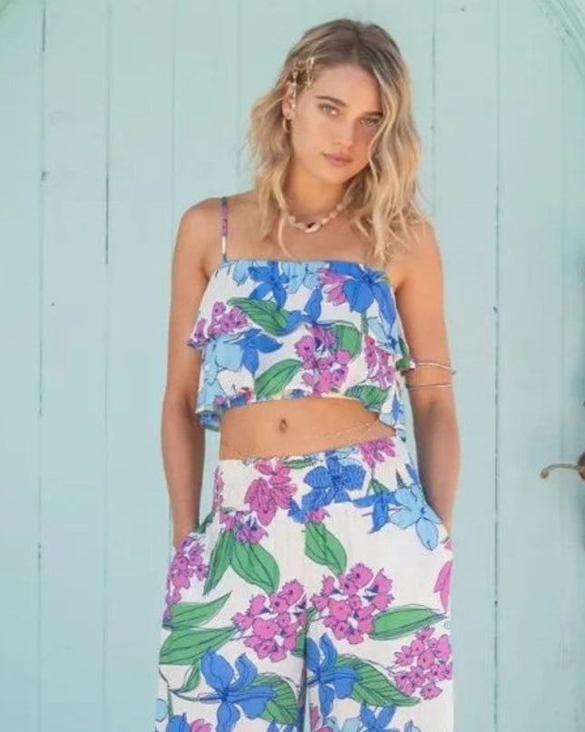 Spaghetti Strap Ruffle Floral Printed Crop Top