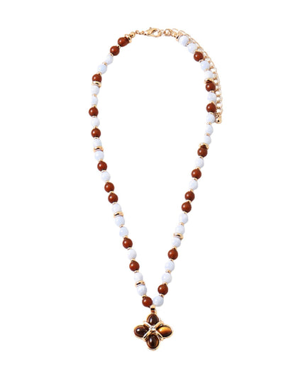 Tigers Eye Clover Pendant Resin Beaded Gold Metal Ball Bead Necklace