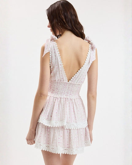 Border Stripe Tie Strap Layered Lace Mini Dress