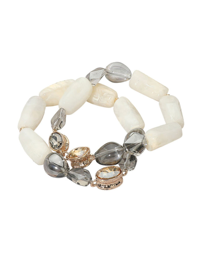 Chunky Marbled Resin Pebble Faceted Stone Beaded Stretch Layered 2 Bracelet Set