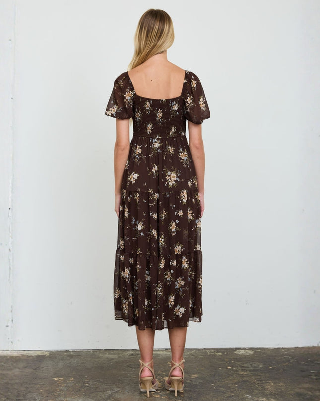 Floral Sweetheart Smocked Puff Short Sleeve Tiered Midi Dress