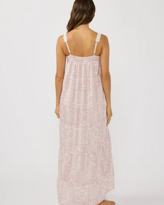 Anisa Floral Printed Lace Shoulder Strap Tiered Ruffle Maxi Dress