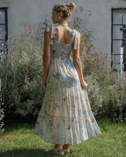 Leaf Print Tie Shoulder Cinch Maxi Dress