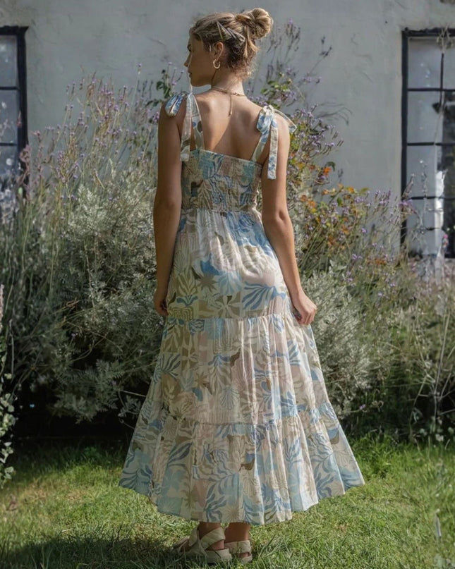 Leaf Print Tie Shoulder Cinch Maxi Dress