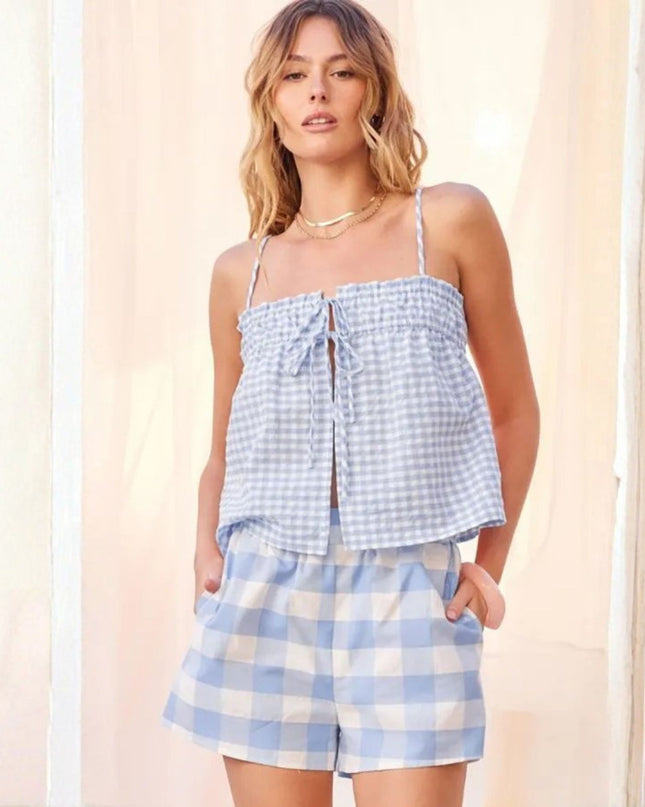 Gingham Tie Front Spaghetti Strap Top