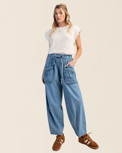 Tribal Pattern Patch Pockets Side Panel Elastic Tie Waist Denim Barrel Pants