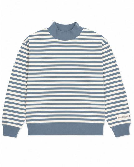 Striped Mock Neck Sunshine Daydream Sleeve Patch Logo Lightweight Terry Sweatshirt Dusty Blue