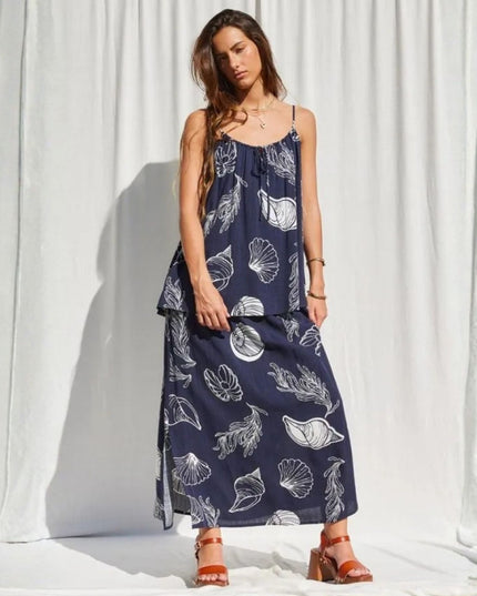 Smocked Waist Seashell Printed Maxi Skirt