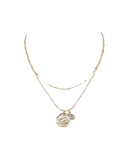 Hammered Disc Teardrop Charm Spaced Ball Bead Double Layered Necklace