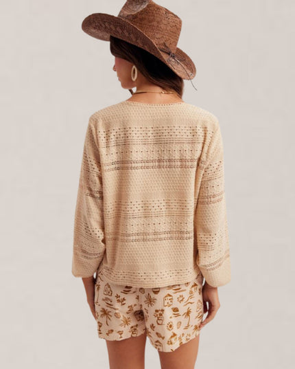 V Neck Drawstring Lace Trim Bell Sleeve Top