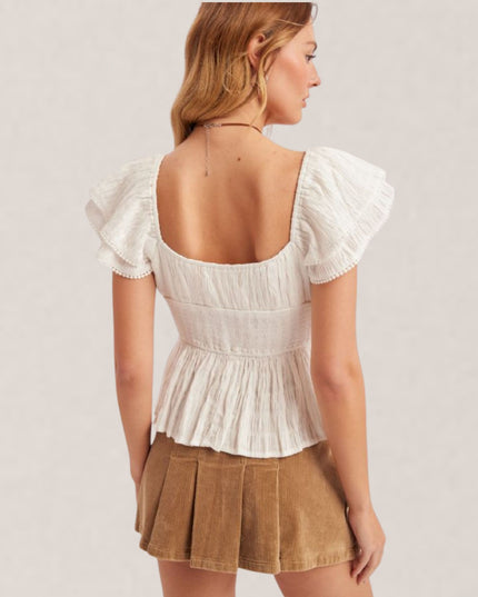 Ribbon Tie Front Sweetheart Neckline Smocked Back Flutter Short Sleeve Peplum Top