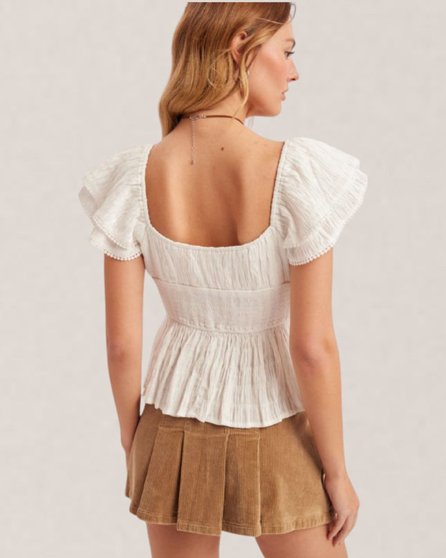Ribbon Tie Front Sweetheart Neckline Smocked Back Flutter Short Sleeve Peplum Top