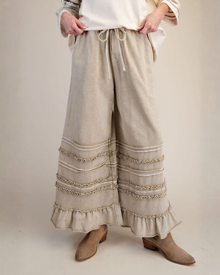 Tiered Ruffle Hem Elastic Drawstring Waist Wide Leg Pants