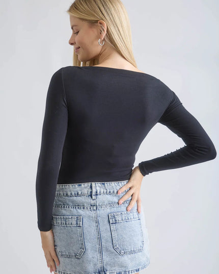 Boat Neck Pintuck Fitted Long Sleeve Top
