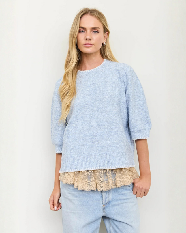 Heathered Contrast Trim Short Sleeve Sweater