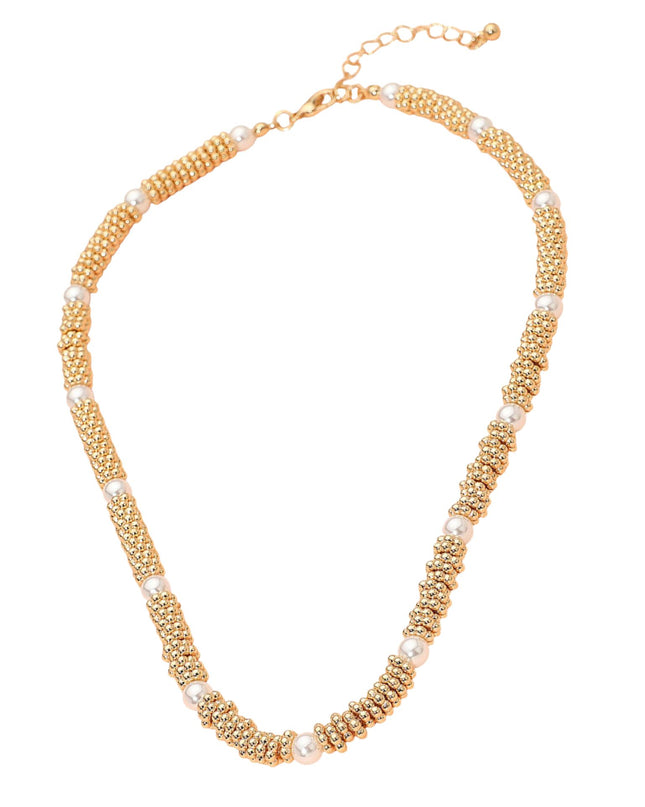 Pearl Accent Textured Metal Tube Beaded Necklace