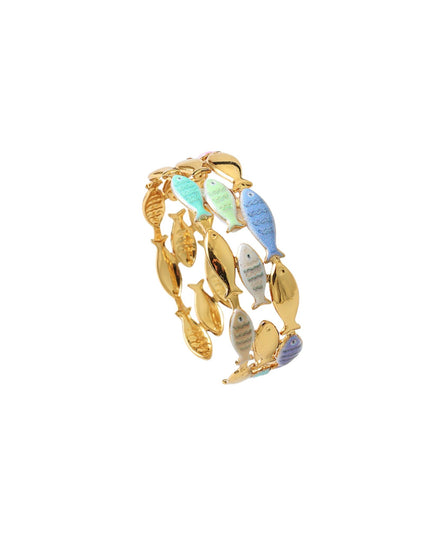Enamel Gold Metal Fish 3 Row Cuff Bracelet