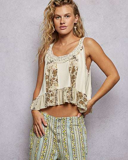Pearl Neckline Ribbed Contrast Print Patch Flared Sleeveless Top
