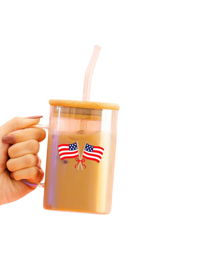 American Flags Square Glass Cup With Lid 20 oz