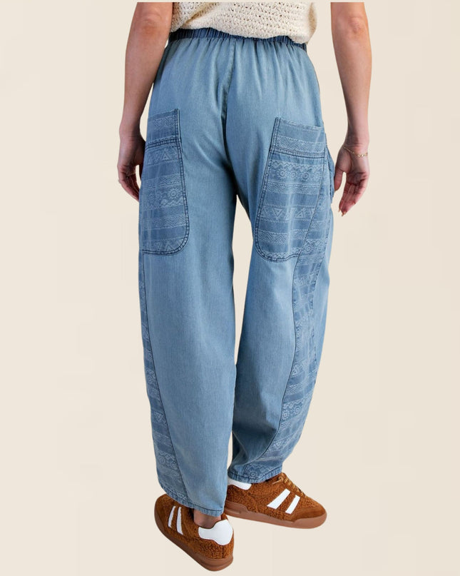 Tribal Pattern Patch Pockets Side Panel Elastic Tie Waist Denim Barrel Pants