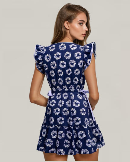 Floral Printed V Neck Flutter Cap Sleeve Ribbon Tie Side Mini Dress