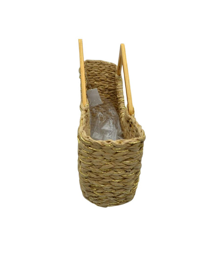 Large Straw Wood Point Handle Tote