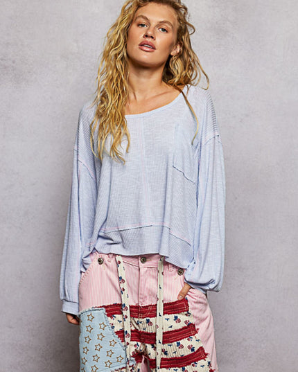 Round Neck Chest Pocket Long Sleeve Top