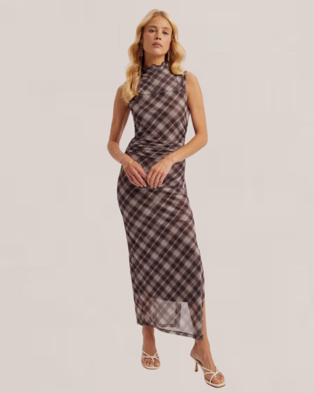 Mesh Plaid Mock Neck Sleeveless Midi Dress