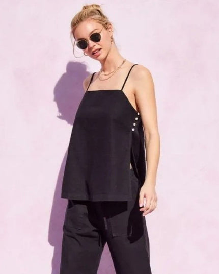 Button Side Linen Split Open Tank Top