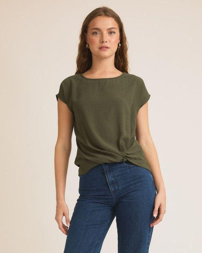 Front Knot Detail Woven Short Sleeve Top