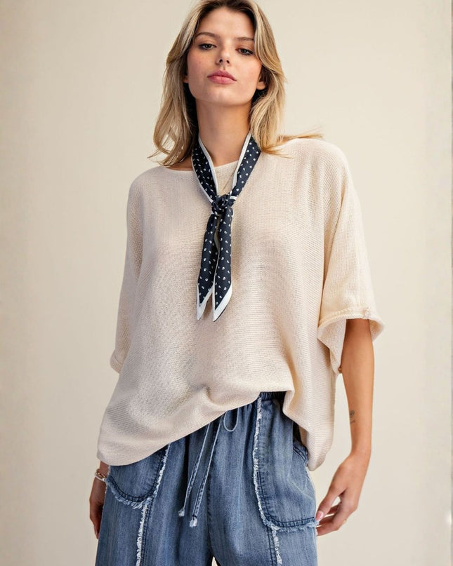 Boat Neck Short Sleeve Knit Sweater Top