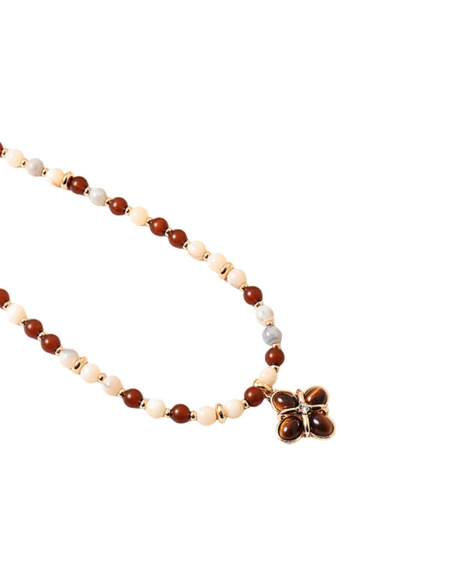 Tigers Eye Clover Pendant Resin Beaded Gold Metal Ball Bead Necklace