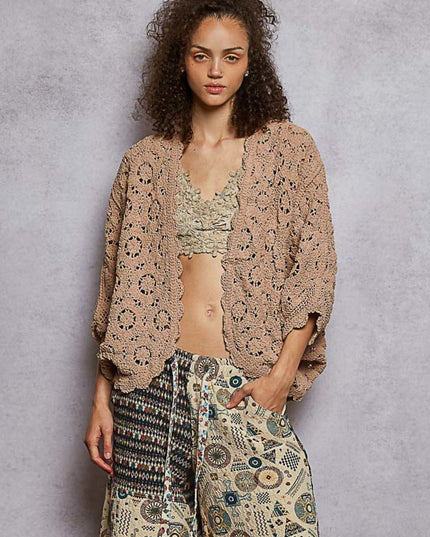 Batwing Sleeve Chenille Floral Crochet Sweater
