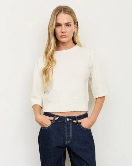 Puff Shoulder Short Sleeve Cropped Sweater