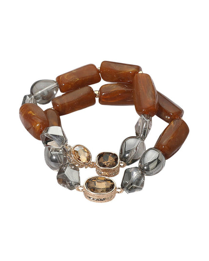 Chunky Marbled Resin Pebble Faceted Stone Beaded Stretch Layered 2 Bracelet Set