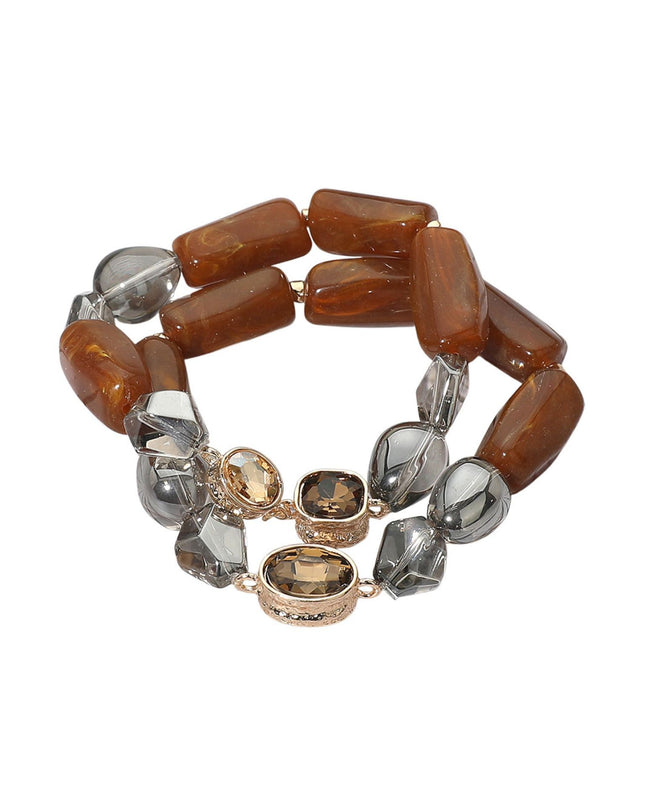Chunky Marbled Resin Pebble Faceted Stone Beaded Stretch Layered 2 Bracelet Set