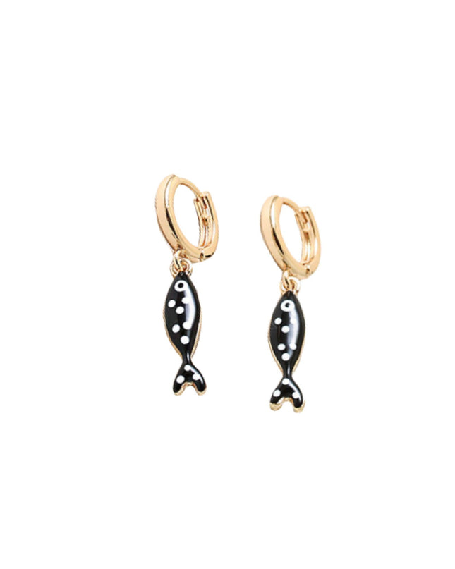 Polka Dot Fish Charm Gold Hoop Earrings