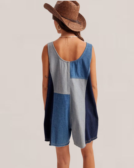Scoop Neck Sleeveless Color Block Denim Romper