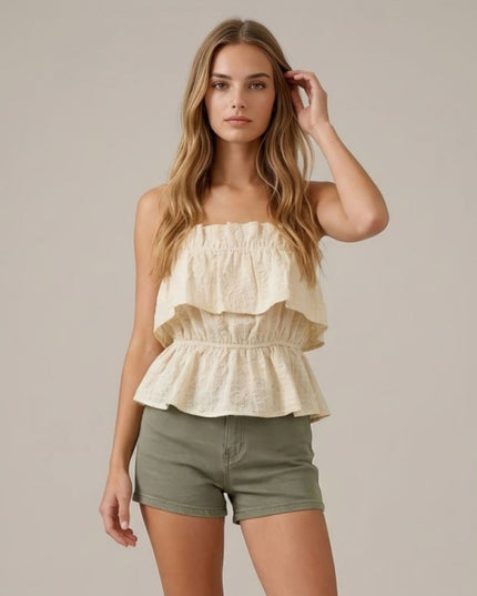 Floral Embroidered Plaid Ruffle Spaghetti Strap Crop Top