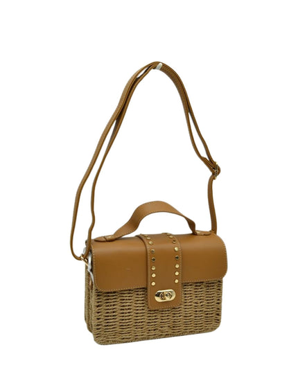 Boxy Straw Vegan Leather Detail Shoulder Bag