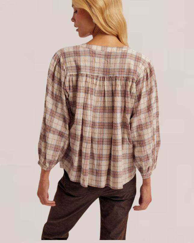 Plaid Button Down 3/4 Sleeve Top