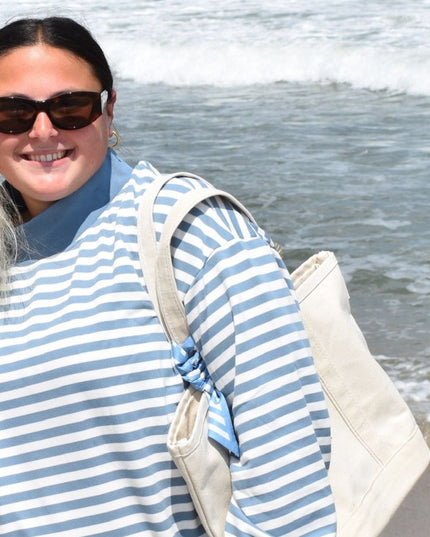 Striped Mock Neck Sunshine Daydream Sleeve Patch Logo Lightweight Terry Sweatshirt Dusty Blue